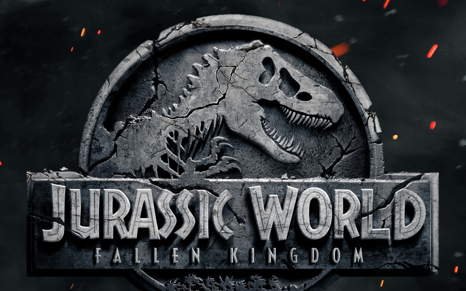 Jurassic World 桌布 壁紙 — 一個破裂石頭嘅 Jurassic World 標誌，有一個咆哮嘅恐龍頭骨同飛濺嘅火花喺黑暗背景上。
