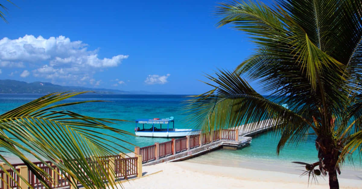 Jamaican Beach 桌布 壁紙 — 一個碧綠色的熱帶海灘，棕櫚葉框著一個木製碼頭和一艘藍色小船，在明亮的藍天白雲下。
