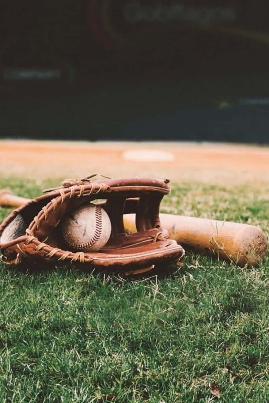 Cool Baseball 桌布 壁紙 — 一個磨損的皮革棒球手套在鮮綠的草地上，旁邊有一支木製球棒，手套裡抱著一個縫線球。