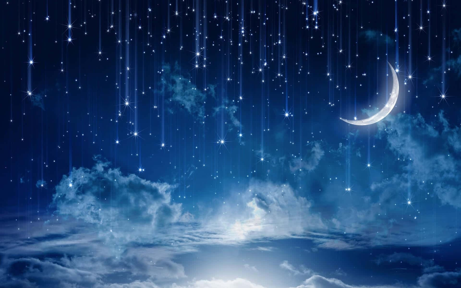 Moonlight 桌布 壁紙 — 一個神奇的夜空，有新月和閃爍的星星像雨一樣穿過柔軟的藍色雲層落下。