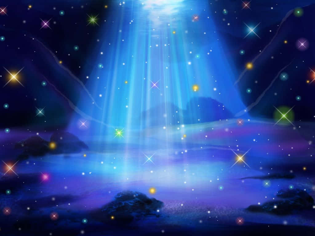 魔法 桌布 壁紙 — 一個神奇的水下場景，有輻射藍色光束和閃爍的星星照亮黑暗的岩石 formations。