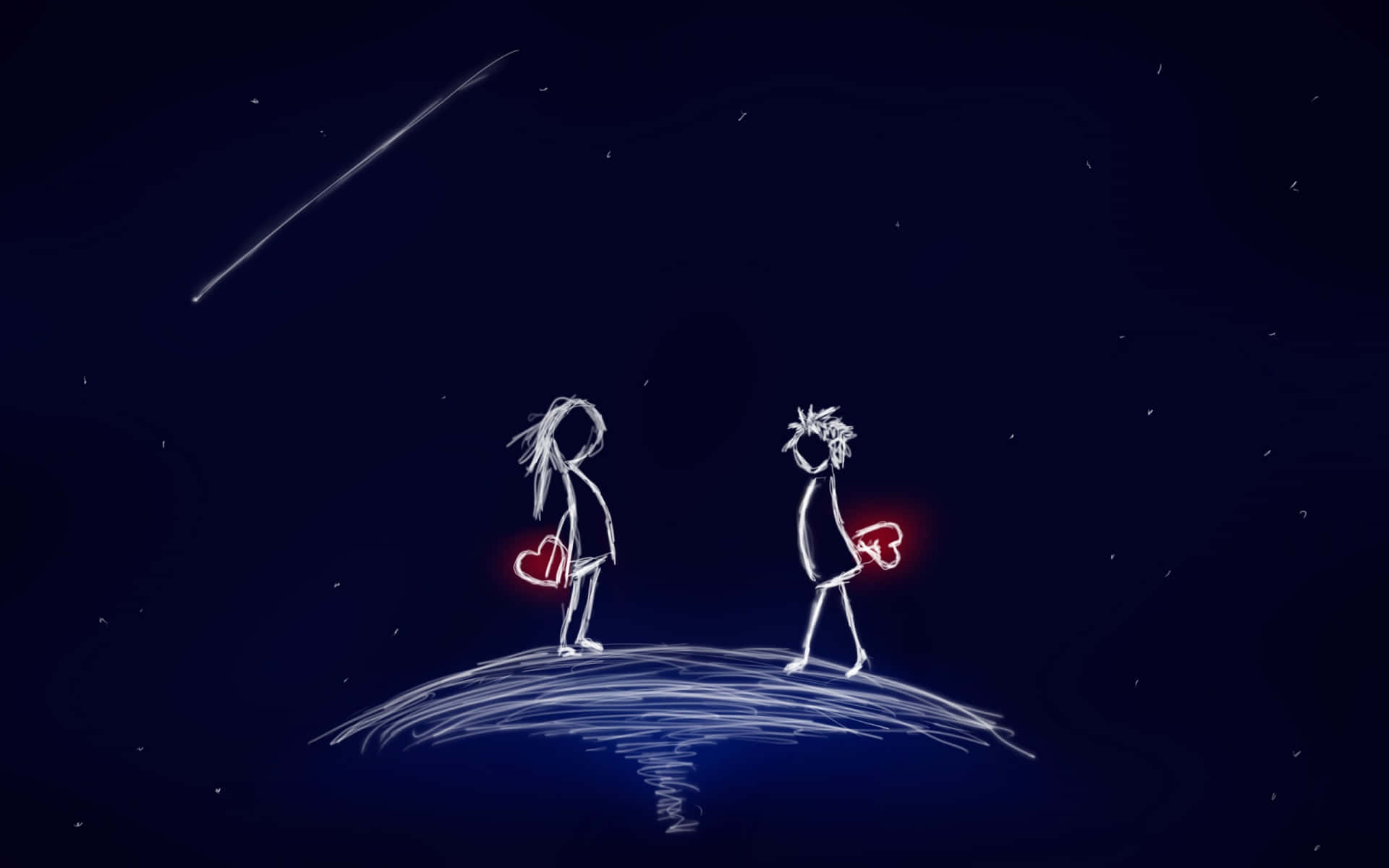 一個神奇而浪漫的愛的時刻 壁紙 — 兩個火柴人在彎曲的地平線上，在滿天星斗的夜空下，手持發光的紅色心形，還有一顆流星。