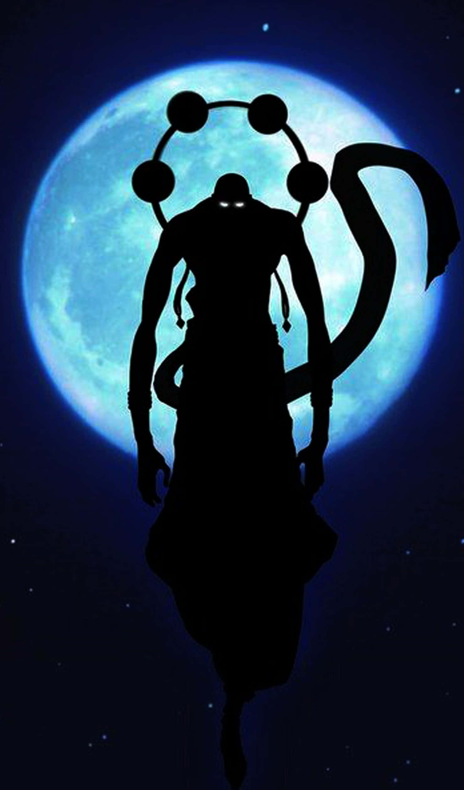 One Piece Enel 桌布 壁紙 — 一個神秘人物的剪影，有著發光的眼睛和一圈球體，在繁星點點的夜空下漂浮在發光的藍色月亮前。