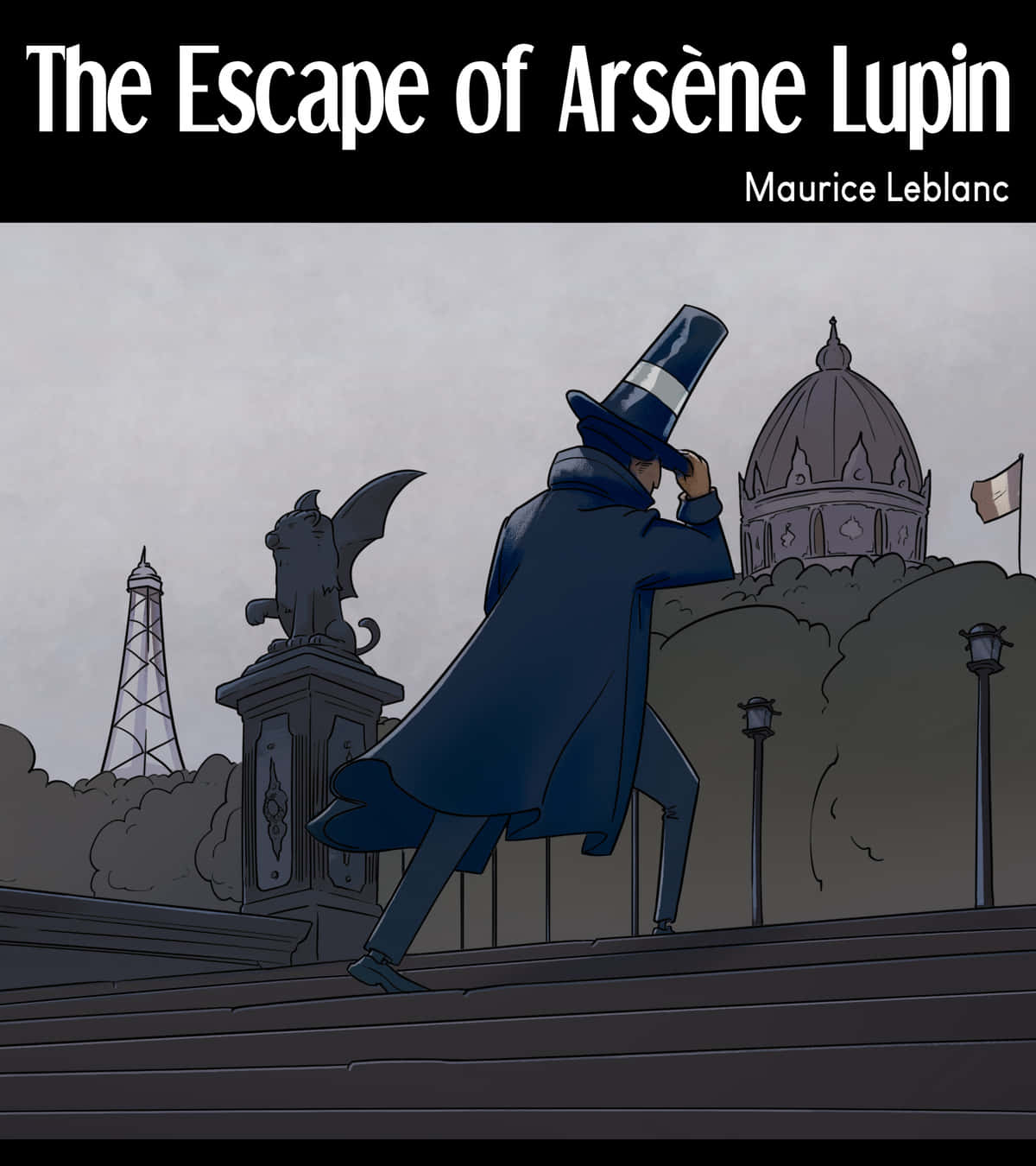 Arsène Lupin 桌布 壁紙 — 一個神秘人物身穿藍色大衣和高帽，自信地走過巴黎的一座橋，背景是霧中的艾菲爾鐵塔和圓頂。