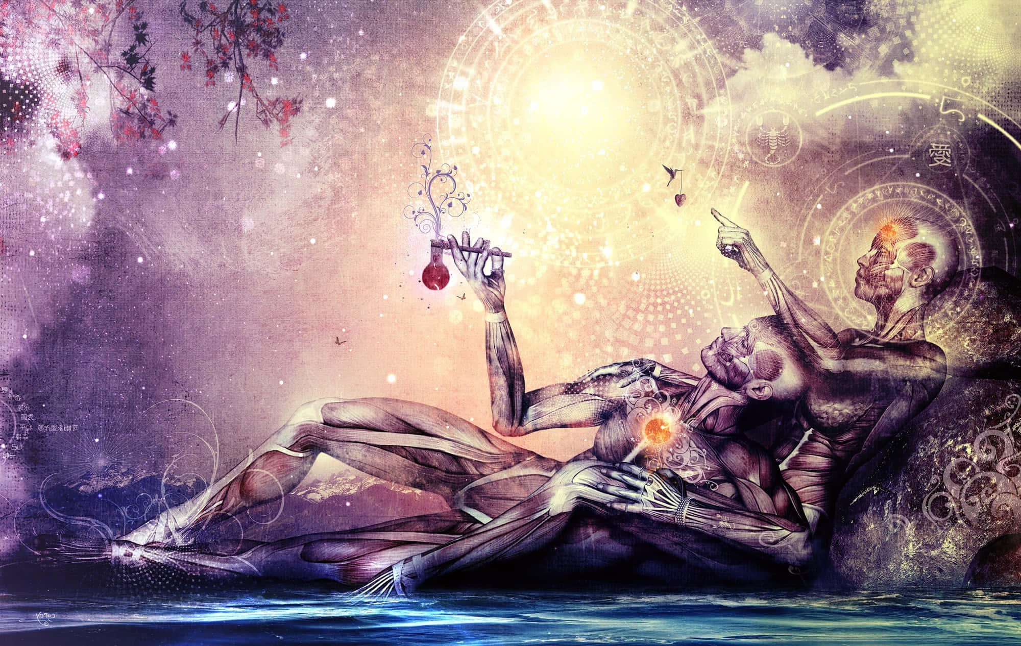 Spirituality 桌布 壁紙 — 一個神秘人物躺臥在水中，手持發光球體，同時一個空靈存在指向天上的符號。
