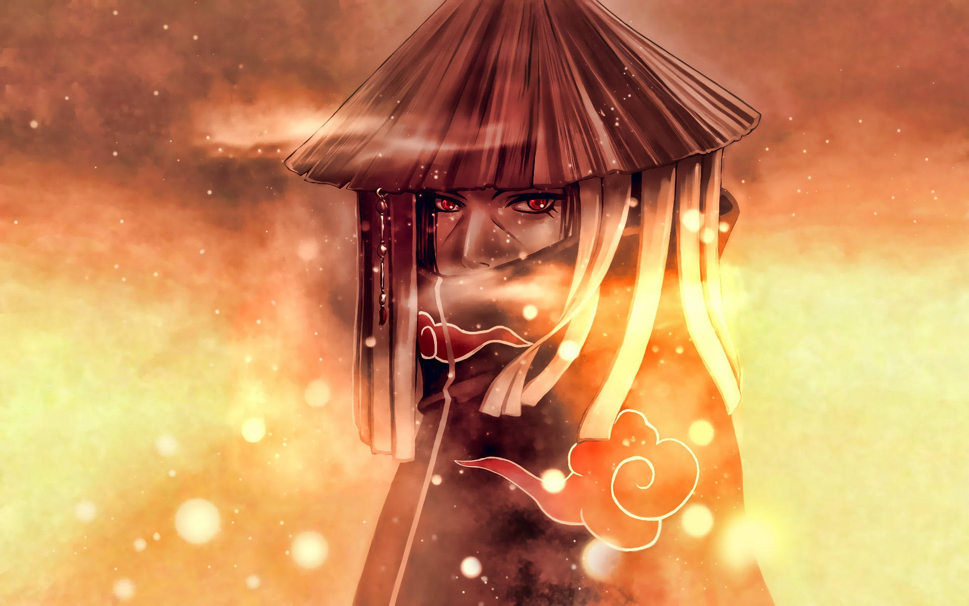 akatsuki itachi 桌布 壁紙 — 一個神秘嘅動漫女仔，紅色眼睛，戴住草帽，企喺發光嘅橙色同黃色天空前面，周圍有漂浮粒子。