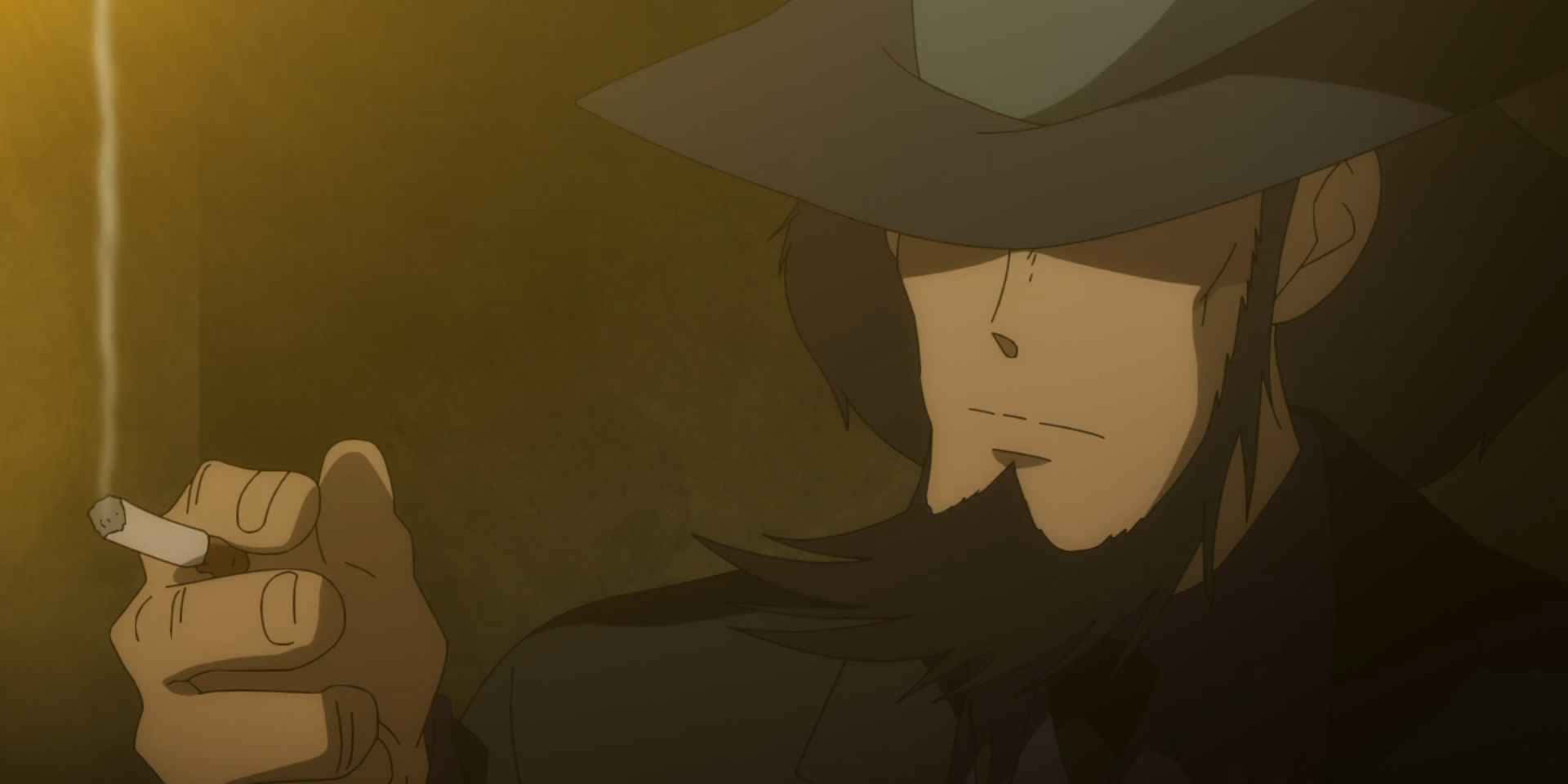 Lupin Iii Daisuke Jigen 桌布 壁紙 — 一個神秘嘅動漫男人戴住闊邊帽，喺溫暖金色背景下食煙。