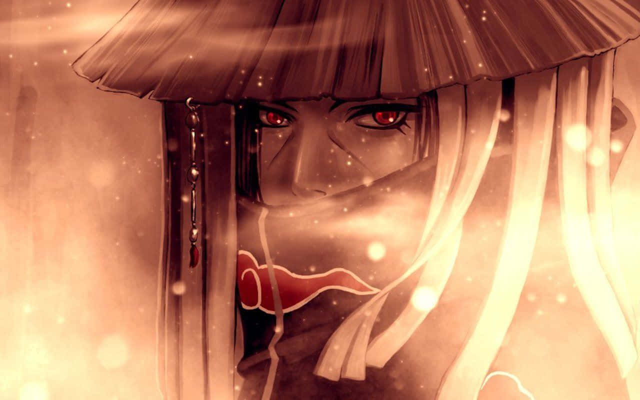 Itachi 桌布 壁紙 — 一個神秘嘅動漫角色，紅色眼睛同草帽，喺漂浮粒子中溫暖咁發光。