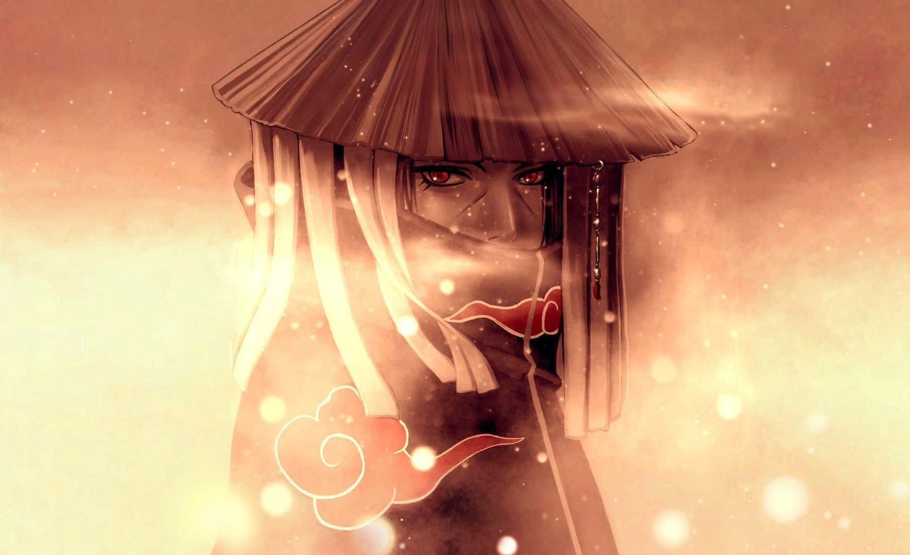 Itachi 桌布 壁紙 — 一個神秘嘅動漫角色，紅色眼睛同草帽，喺模糊嘅金色背景中溫暖咁發光。