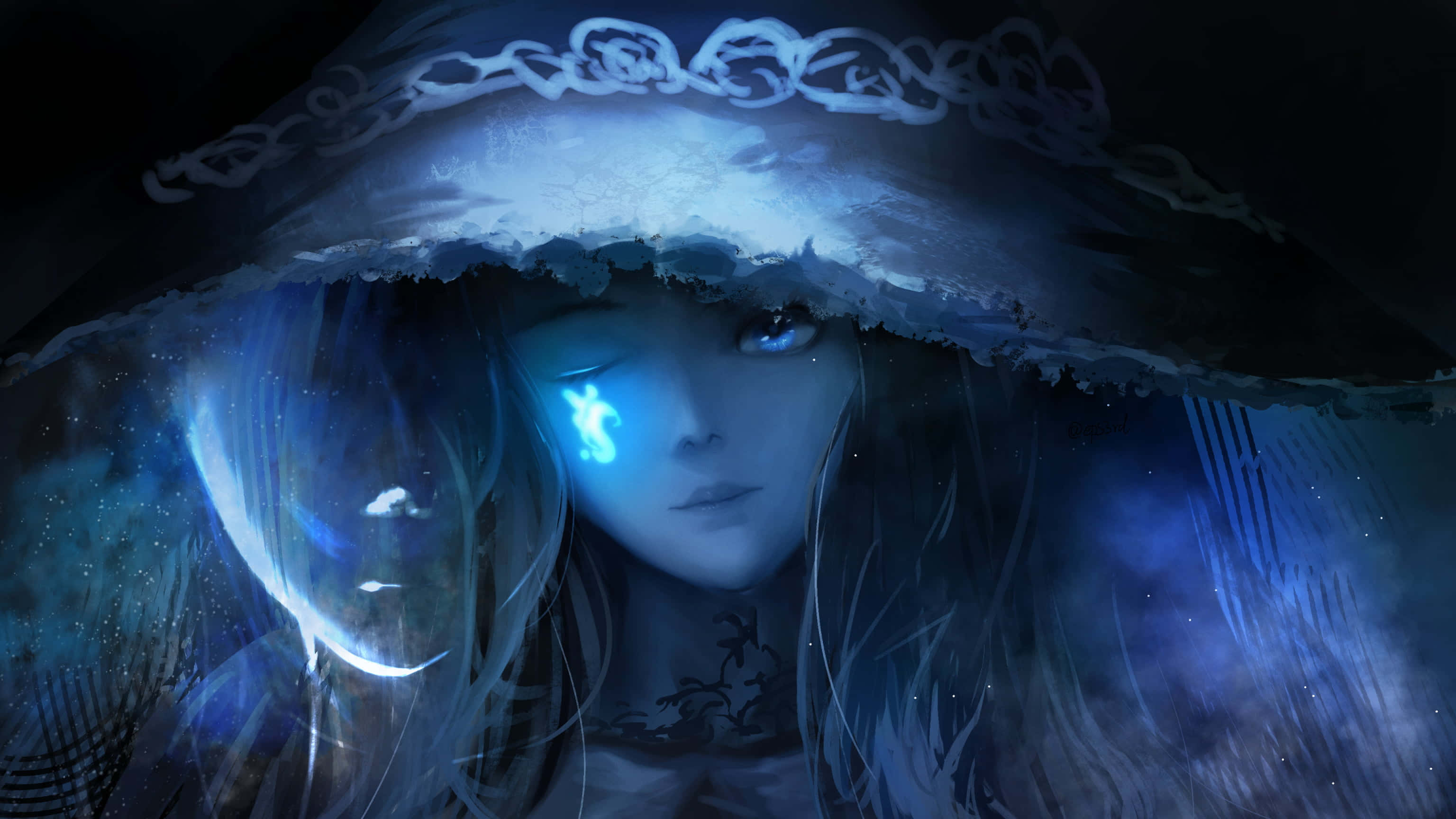 Witching Hour 桌布 壁紙 — 一個神秘戴兜帽的人物，擁有發光的藍色眼睛和空靈的頭髮，站在黑暗、繁星點點的虛空中，散發出超凡的平靜。