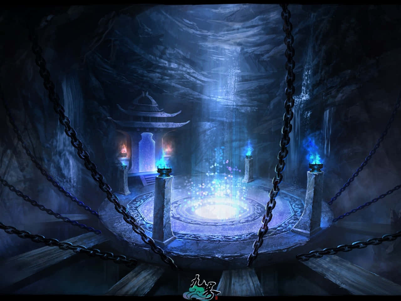 3d Fantasy 桌布 壁紙 — 一個神秘發光的藍色傳送門，位於黑暗洞穴中，周圍環繞著鎖鏈和古老石柱，並有閃爍的火把。
