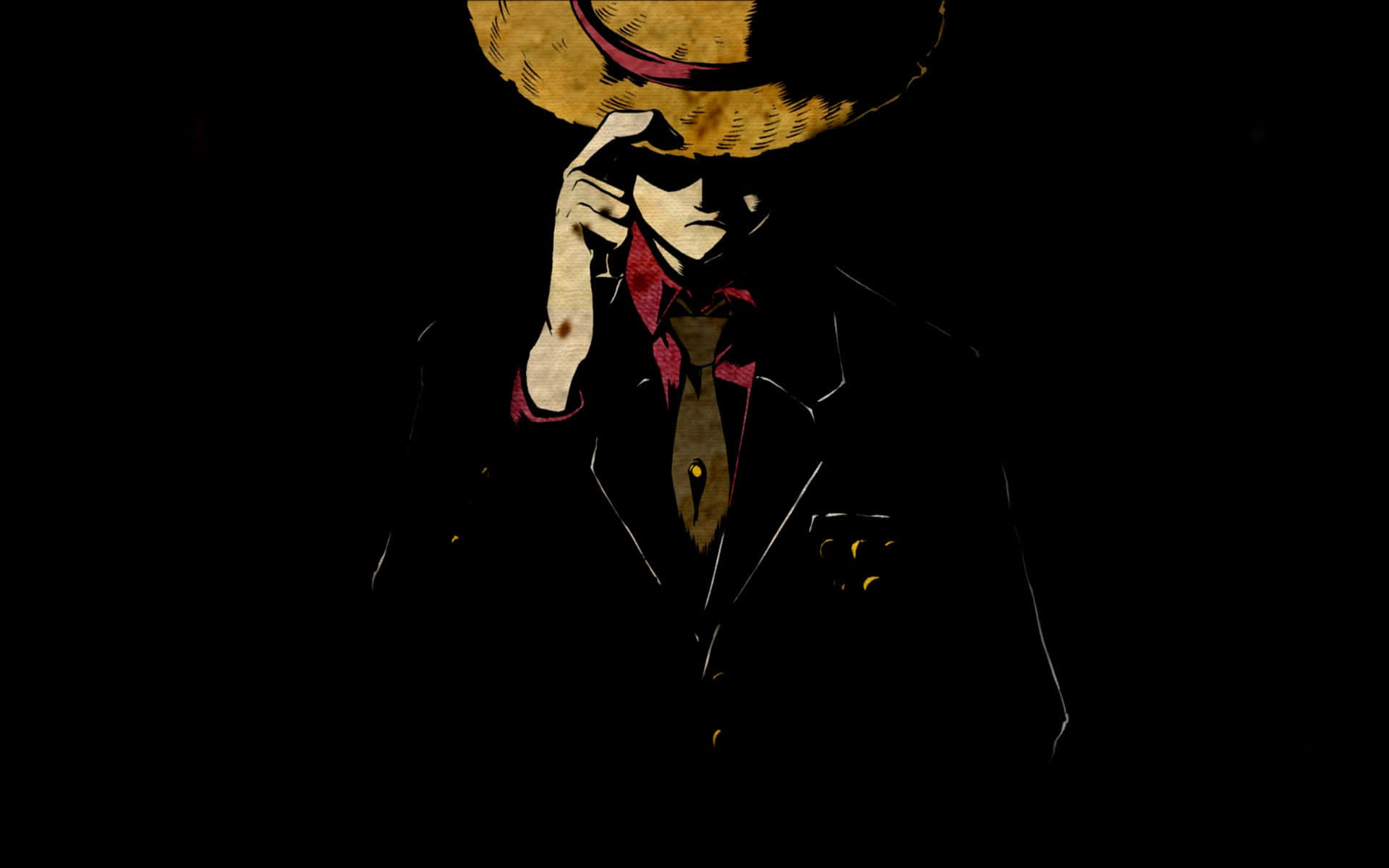 One Piece Characters 桌布 壁紙 — 一個神秘的動漫角色戴著草帽和西裝，以剪影形式站在黑色背景前，手調整帽子，可見紅色領帶。
