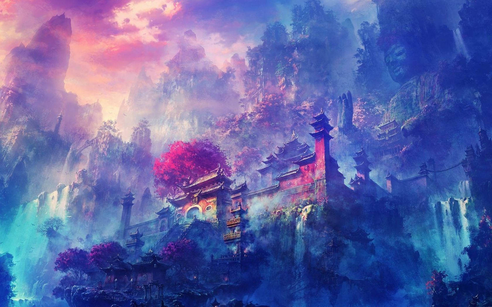  壁紙 — 一個神秘的寺廟群依附在霧氣繚繞的山巒上，背景是超現實的粉紅與藍色日落天空。