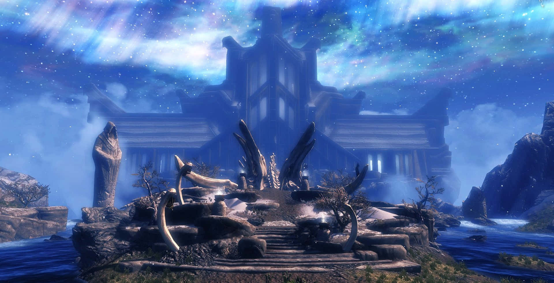 Sovngarde 桌布 壁紙 — 一個神秘的廢墟，帶有骨狀結構，矗立在霧氣籠罩的島嶼上，天空中有 vibrant 的極光。