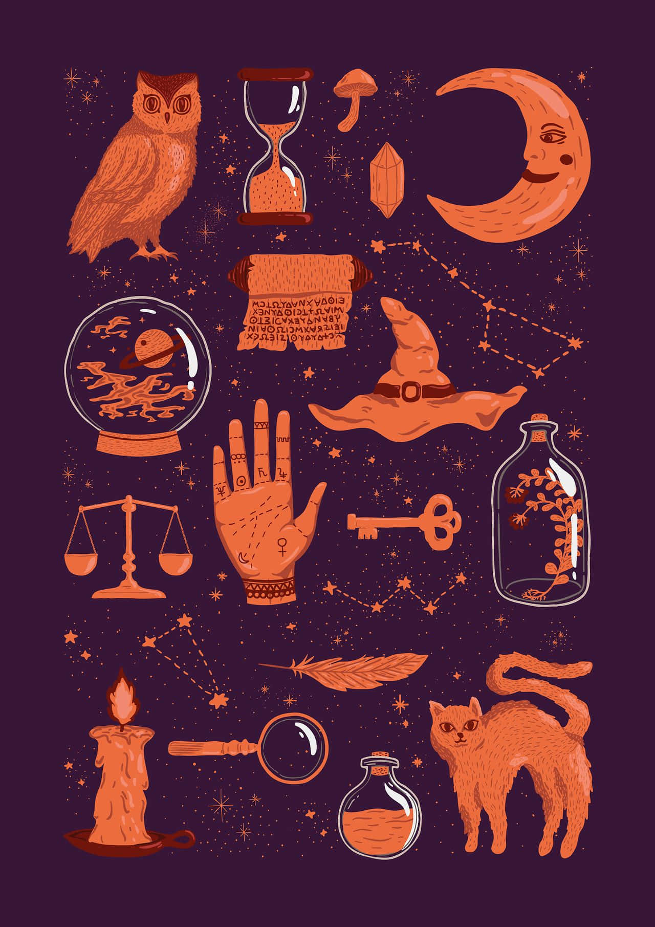 Witch Aesthetic 桌布 壁紙 — 一個神秘的橙色調插圖，描繪微笑的月亮貓頭鷹、沙漏和女巫帽，背景是星光燦爛的紫色夜空。