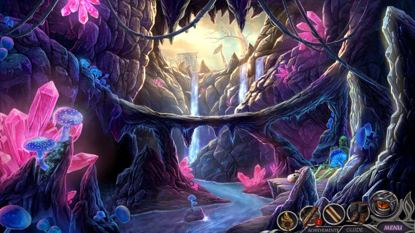 Dark Realm 桌布 壁紙 — 一個神秘的洞穴，被發光的粉紅色和藍色水晶照亮，瀑布穿過天然石拱門傾瀉而下。