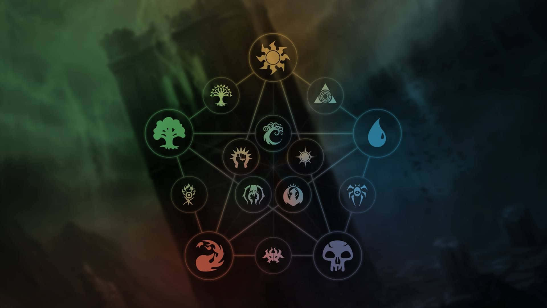 魔法風雲會 桌布 壁紙 — 一個神秘的發光符號網絡，帶有元素圖標，由線條連接，背景為黑暗煙霧繚繞。