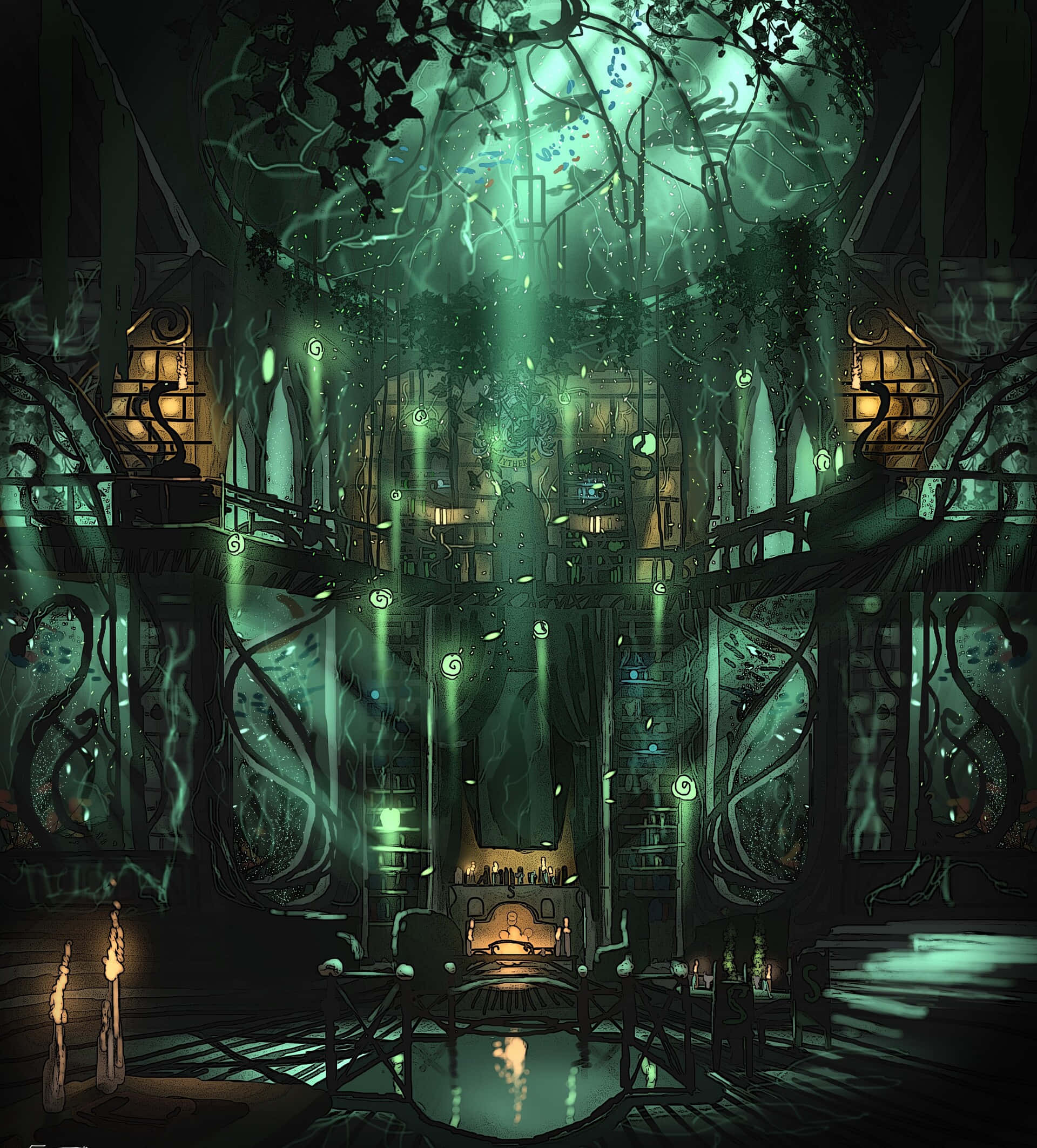 Slytherin Common Room 桌布 壁紙 — 一個神秘的綠色照明內部，藤蔓和發光球體穿過宏偉、腐朽的建築空間傾瀉而下。