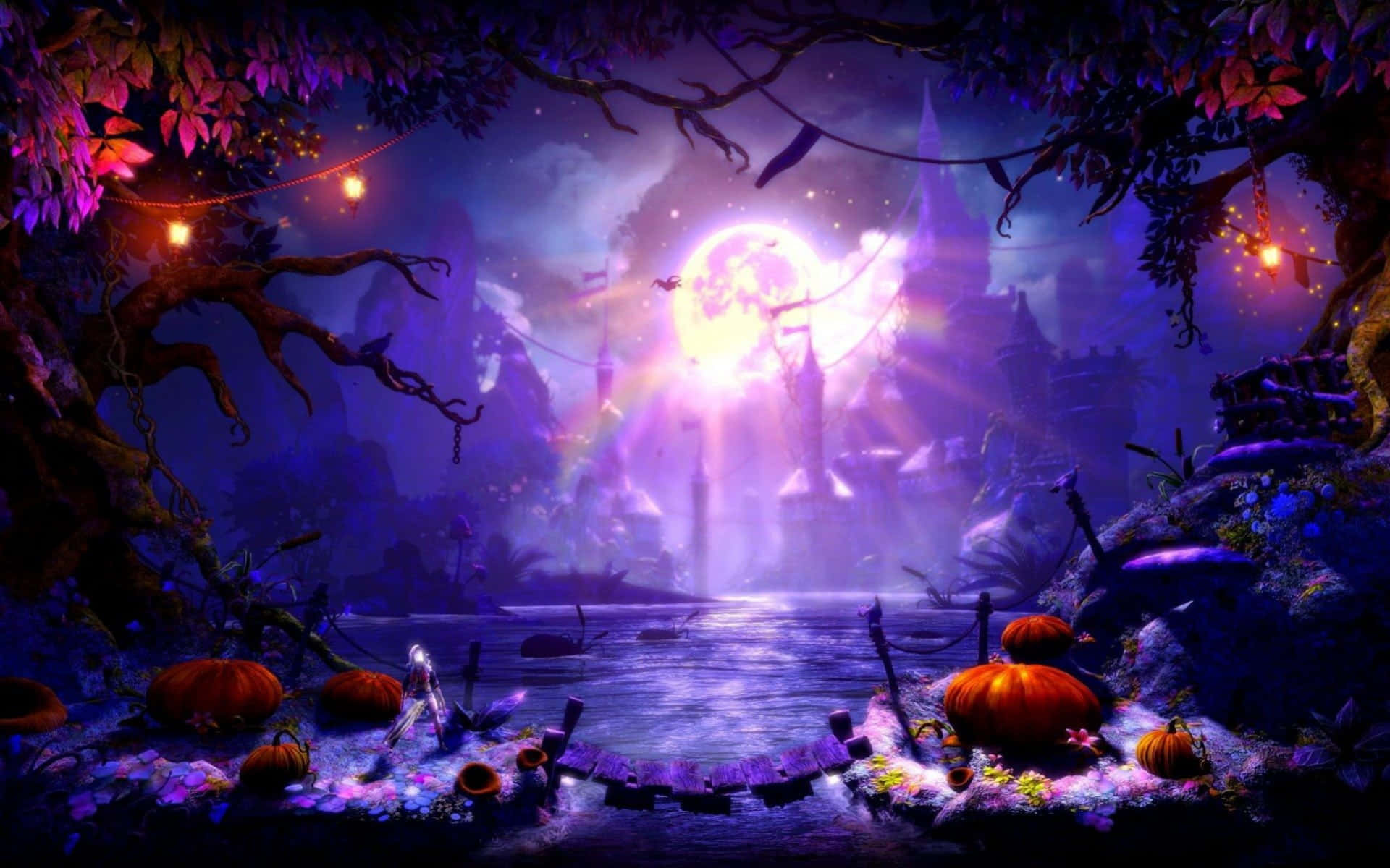 Autumn Evening 桌布 壁紙 — 一個神秘的萬聖節場景，有發光的南瓜、扭曲的樹木，以及遠處城堡上方發光的月亮。