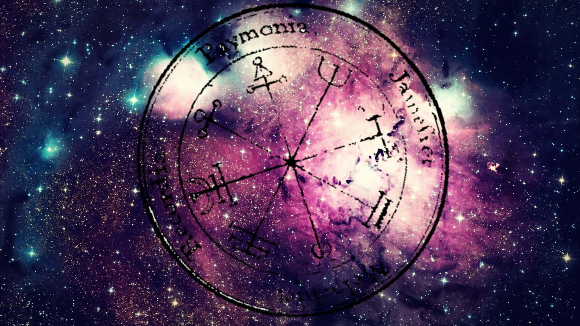 魔法 桌布 壁紙 — 一個神秘的黃道輪盤帶有占星符號，漂浮在充滿星星的鮮豔紫色和藍綠色宇宙星雲前。