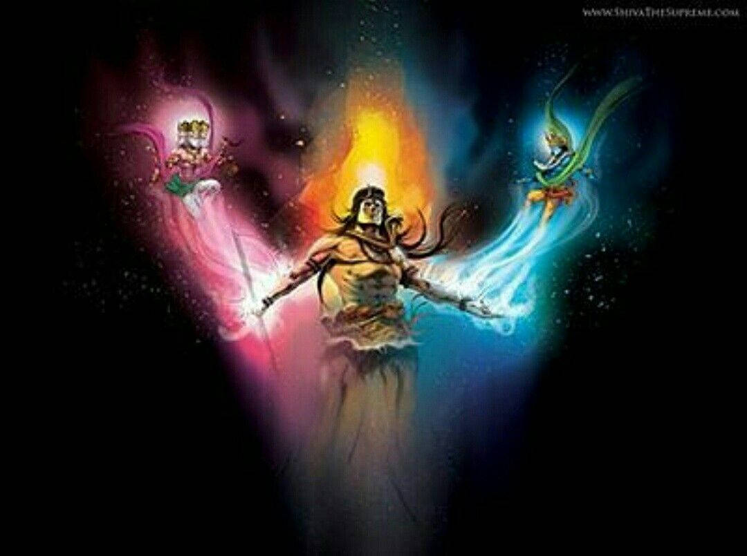 Lord Shiva 桌布 壁紙 — 一個神聖人物散發出火焰和冰凍的能量，兩個較小的存在在黑暗的宇宙背景下簇擁著他們。
