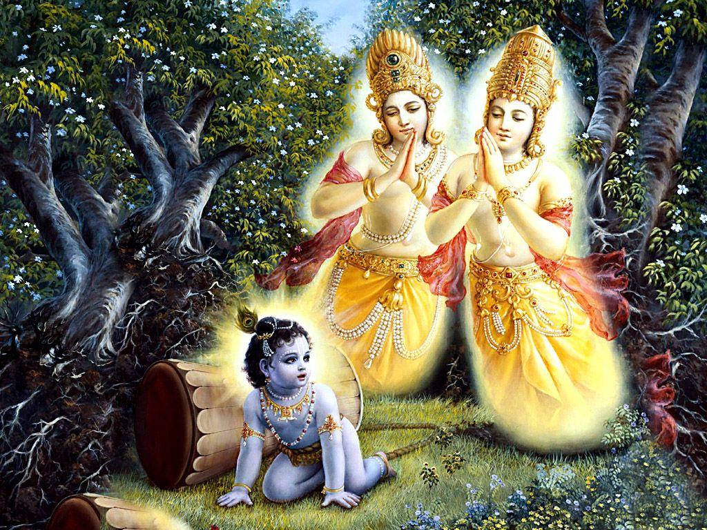 krishna god 桌布 壁紙 — 一個神聖場景，嬰兒克里希納坐在鼓旁，兩位光芒四射的女神在茂密的森林中祈禱。