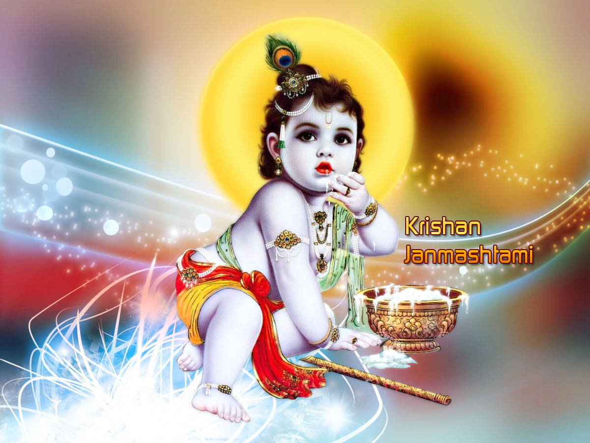 India 桌布 壁紙 — 一個神聖的嬰兒克里希納戴著孔雀羽毛冠冕，坐在一個點燃的奶油壺旁邊，在燦爛的金色光環和多彩的宇宙漩渦中閃耀。