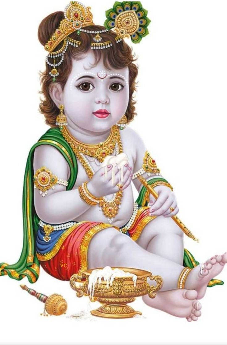 krishna god 桌布 壁紙 — 一個神聖的嬰兒神祇，裝飾著金色珠寶和色彩繽紛的服飾，坐著手持一支笛子，牛奶從金色壺中溢出。
