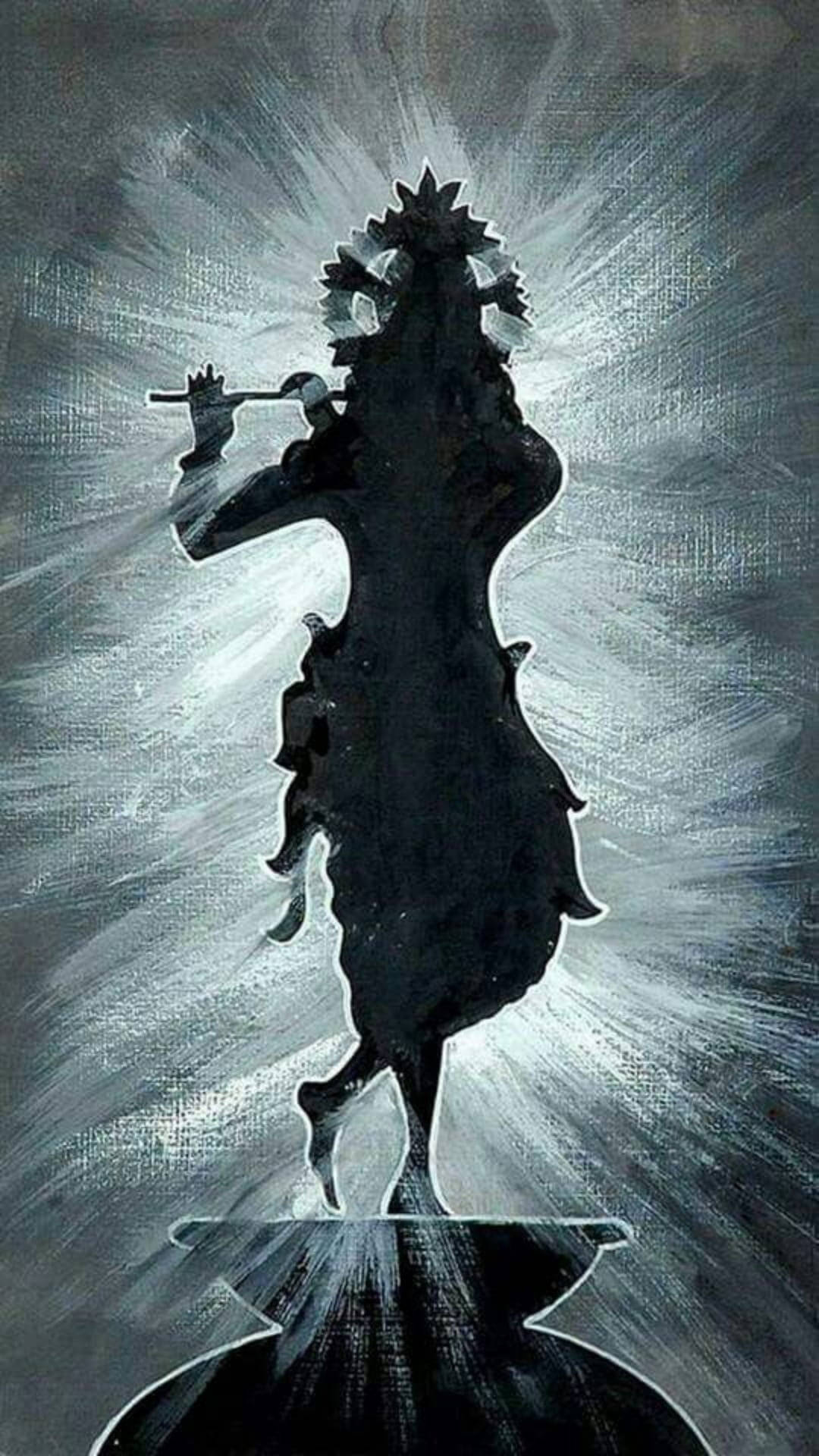 Silhouette 桌布 壁紙 — 一個神靈吹奏長笛的戲劇性剪影，在紋理灰色背景上散發出神聖的光芒。