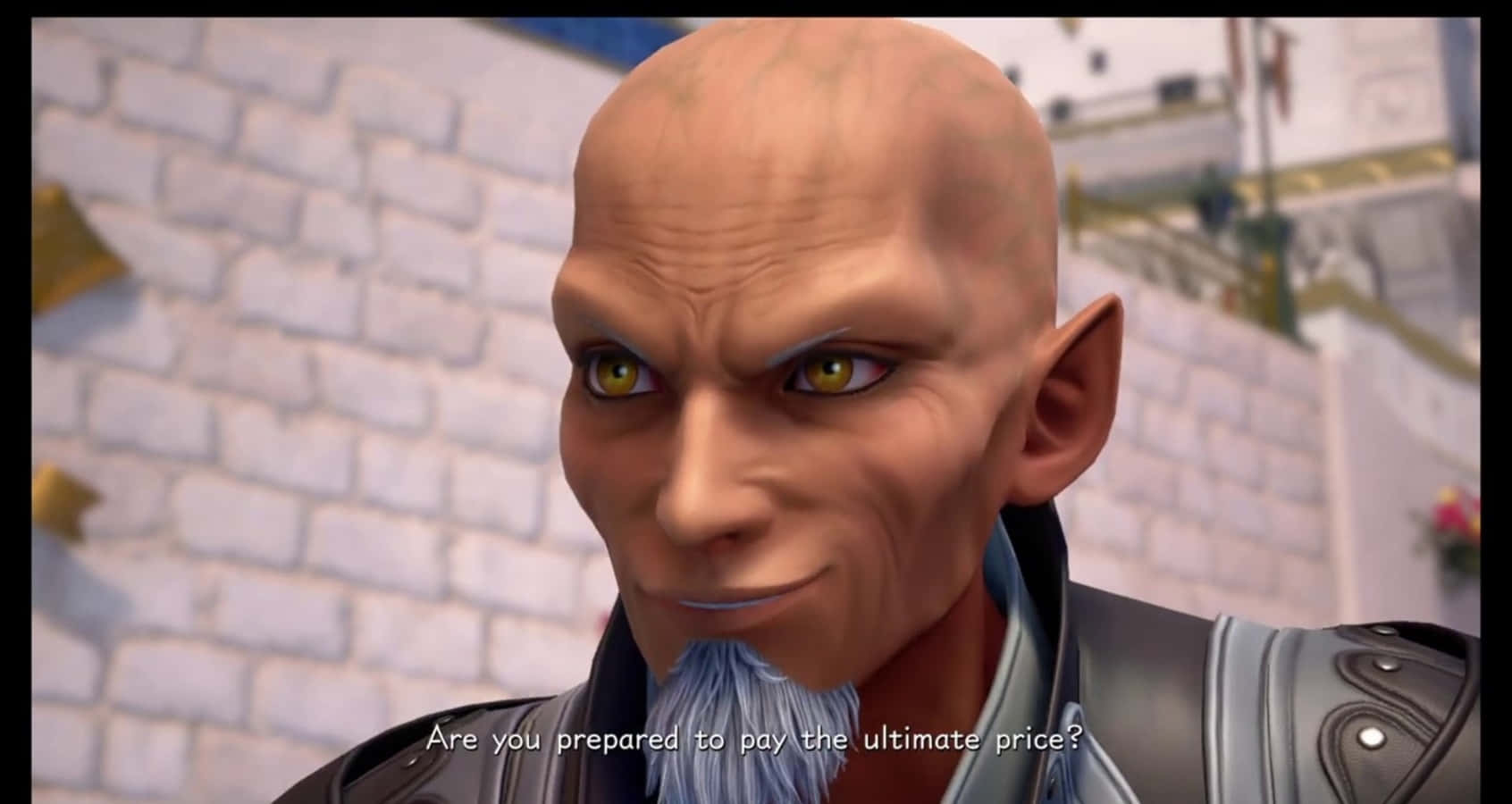 Kingdom Hearts Xehanort 桌布 壁紙 — 一個禿頭的精靈，有著黃色的眼睛和藍色的鬍子，穿著華麗的盔甲，對著白色磚牆冷笑。