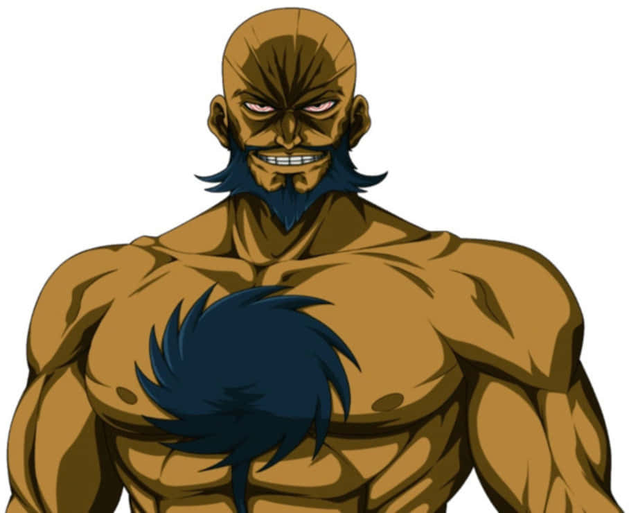 Lordgenome 桌布 壁紙 — 一個禿頭肌肉發達的動漫男人，留著藍色鬍鬚和胸毛，在白色背景上兇狠地咧嘴笑。
