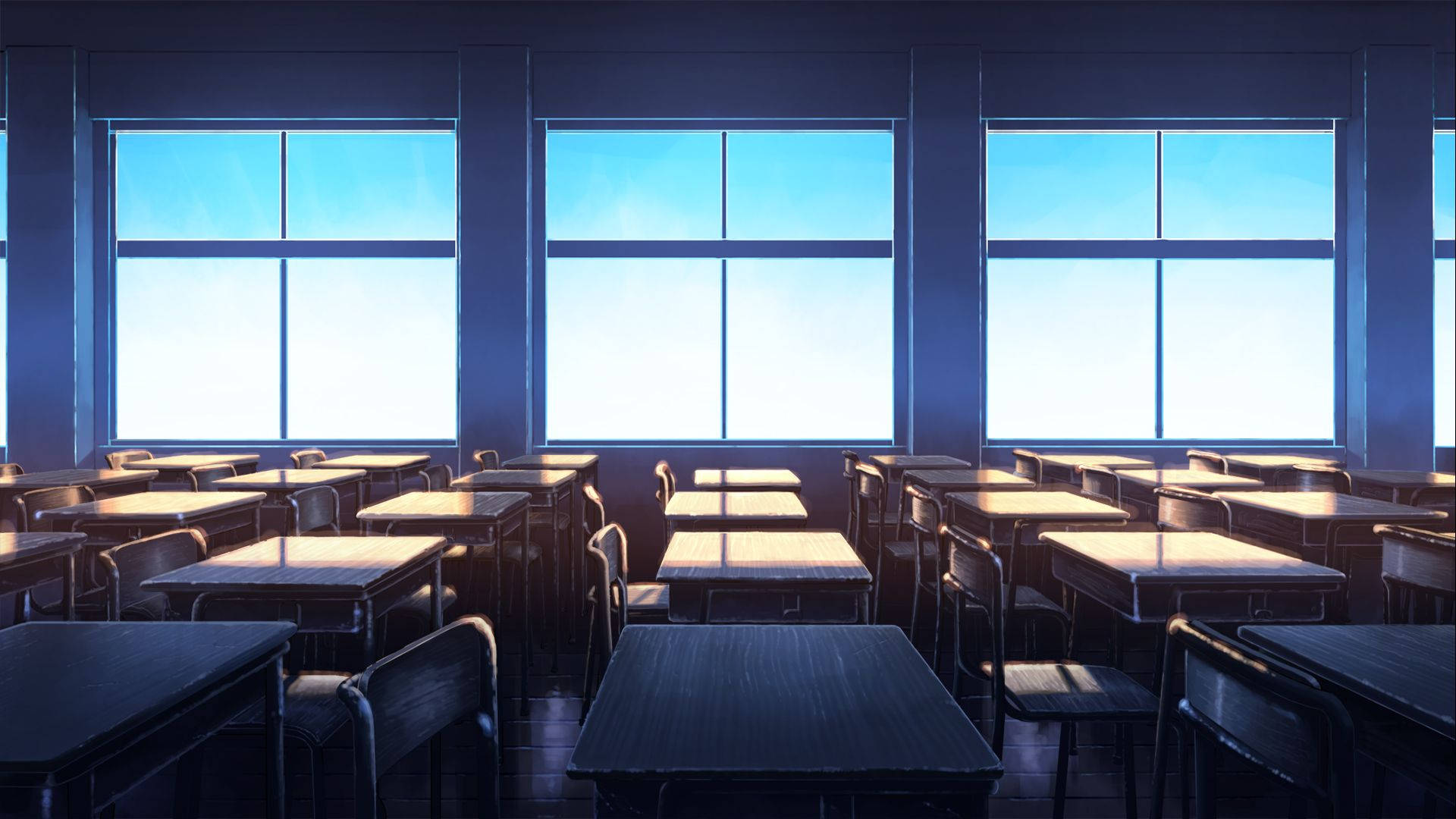 Classroom 桌布 壁紙 — 一個空蕩蕩的教室，沐浴在大窗戶透進的冷藍光中，窗外是晴朗的天空。