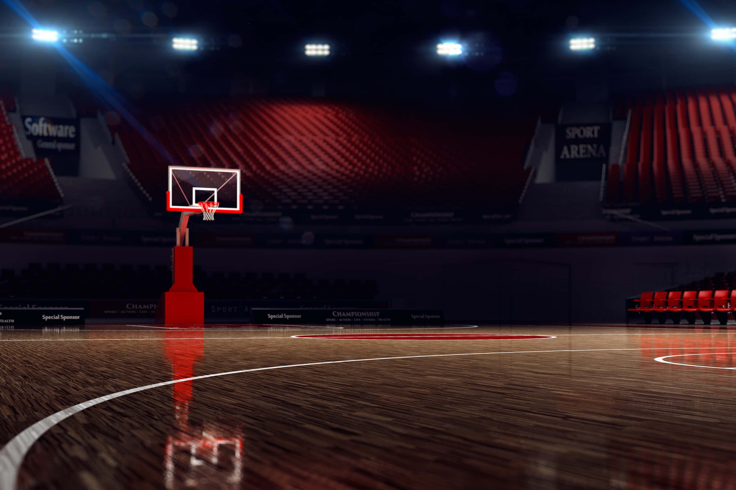 Cool Basketball 桌布 壁紙 — 一個空蕩蕩的籃球場，在明亮的場館燈光下，紅色座位和拋光木地板反射著籃框。