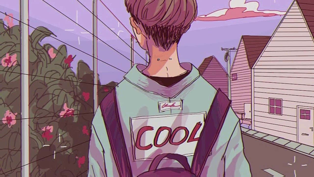 Lo Fi Aesthetic 桌布 壁紙 — 一個穿著『COOL』連帽衫的年輕人背著背包，面向郊區街道，在柔和的紫色暮色天空下站立。