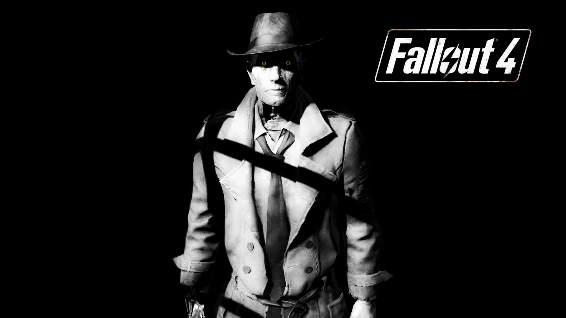 Nick Valentine 桌布 壁紙 — 一個穿著 trench coat 和 fedora 帽的 Fallout 4 角色在黑色背景上的單色肖像，帶有威脅感。