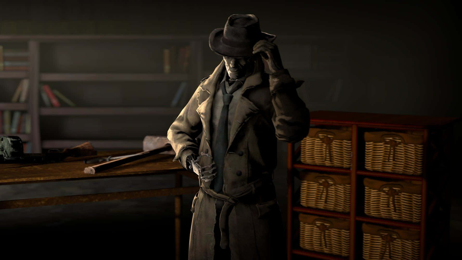 Nick Valentine 桌布 壁紙 — 一個穿著乾濕褸和軟呢帽的骷髏人物，在一個光線昏暗、有木製家具和柳條籃的房間裡調整帽子。