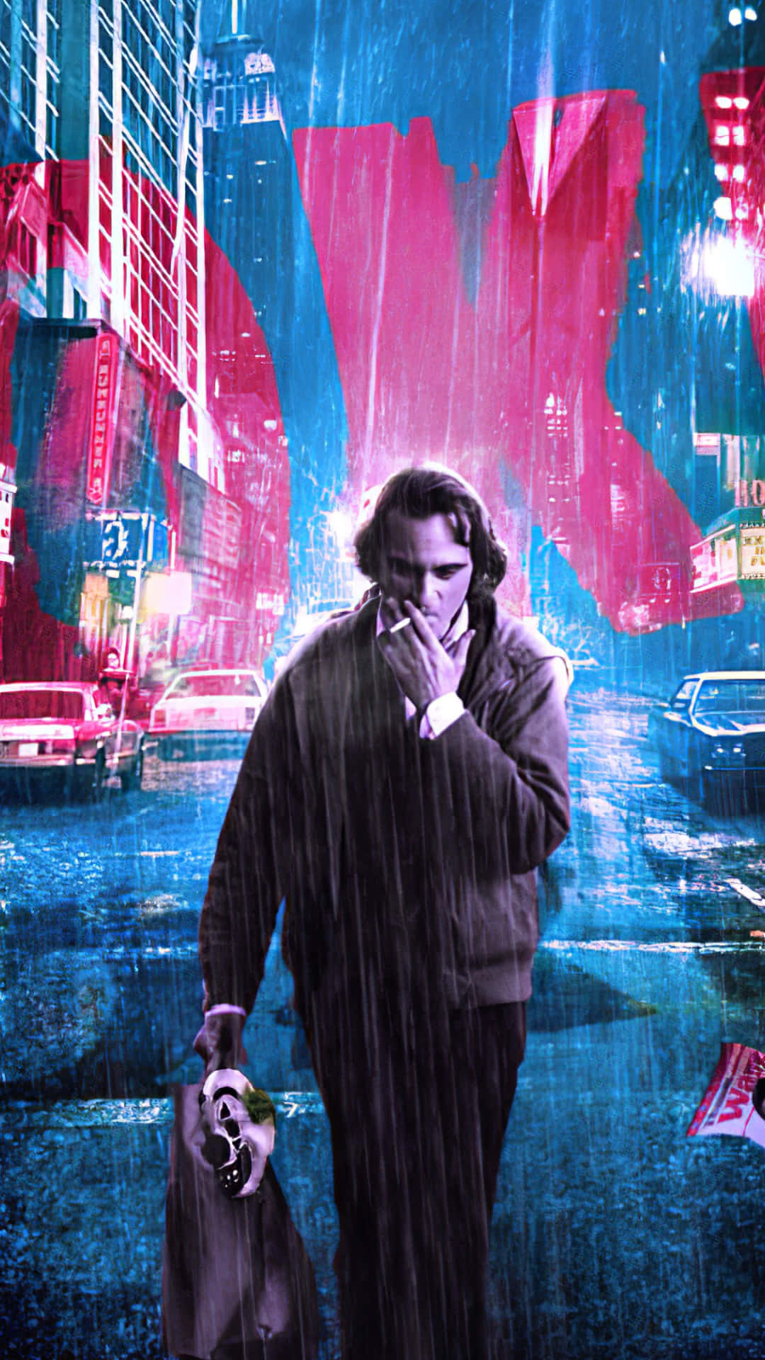 Arthur Fleck 桌布 壁紙 — 一個穿著乾濕褸的男人在霓虹燈下吸煙，背景是雨水浸濕的未來城市景觀。