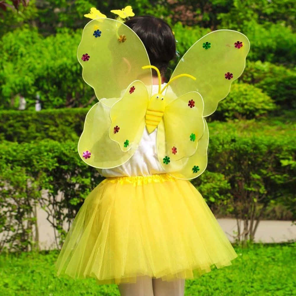 孩子穿著黃色蝴蝶服裝，帶有花卉翅膀，在花園中。 — 唯美蝴蝶動圖 壁紙