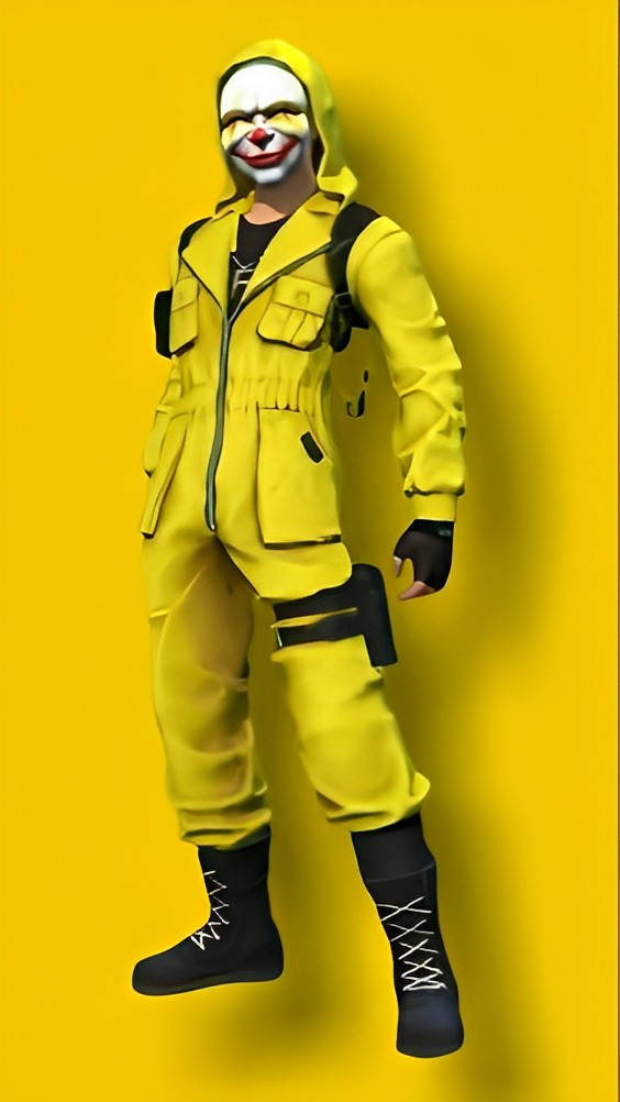 free fire criminal bundle 桌布 壁紙 — 一個穿著亮黃色連身衣和連帽的威脅性小丑，站在帶有黑色點綴的純黃色背景前。