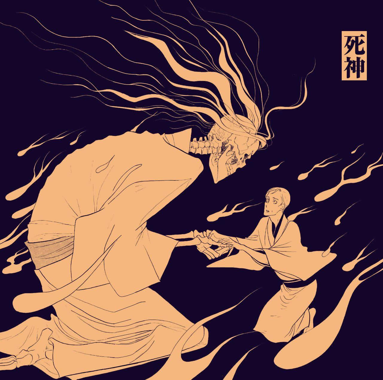 shouwa genroku rakugo shinjuu 桌布 壁紙 — 一個穿著傳統長袍、頭髮飄逸的骷髏人物，在黑暗背景下向一個跪著的人伸出手。