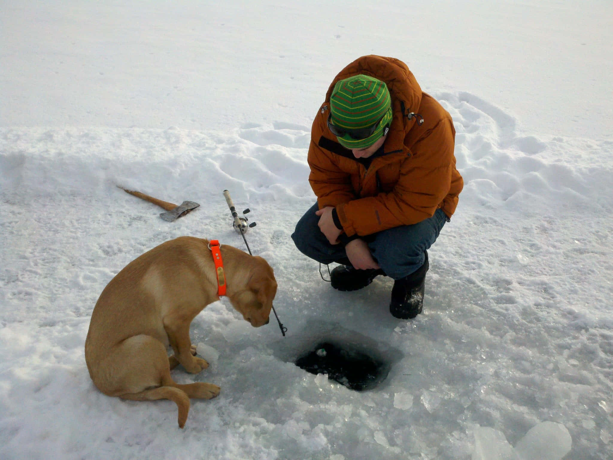 Ice Fishing 桌布 壁紙 — 一個穿著冬季裝備的人喺雪景中蹲喺狗旁邊，靠近一個釣魚窿。