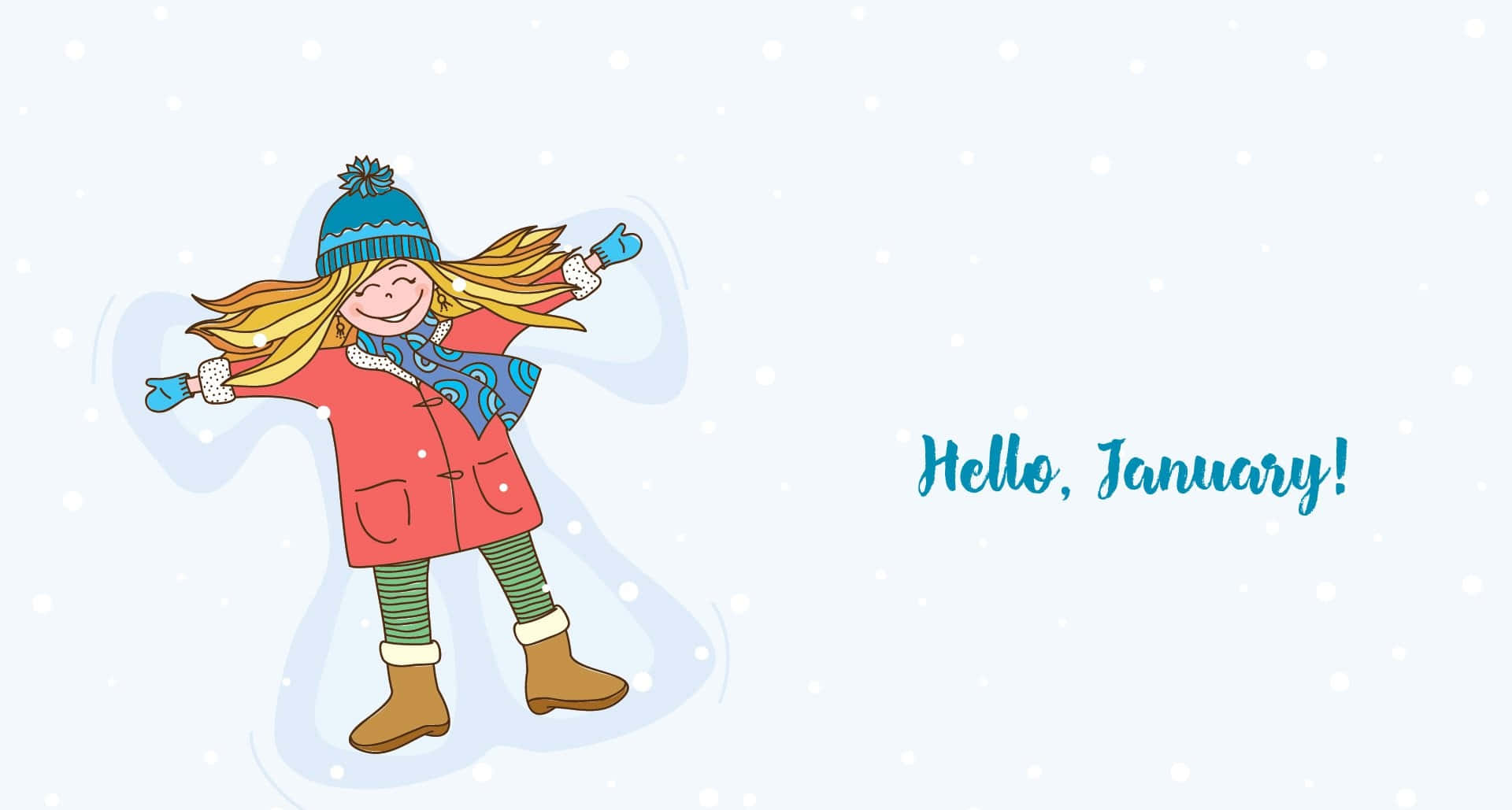 一月 桌布 壁紙 — 一個穿著冬季裝備的快樂卡通女孩，在雪景背景中愉快地拋灑雪花，並帶有「你好一月！」的文字。