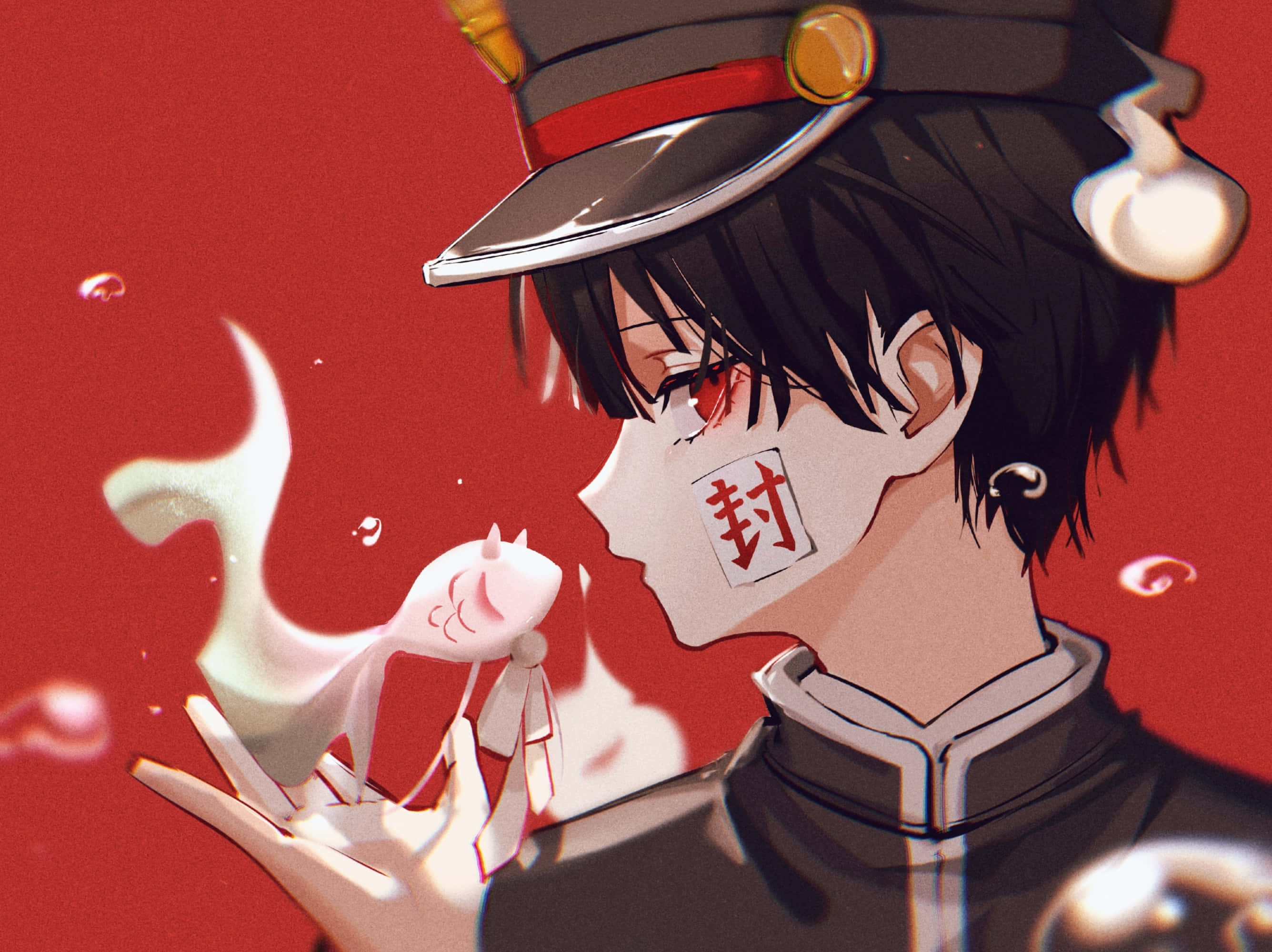 Toilet Bound Hanako Kun 桌布 壁紙 — 一個穿著制服嘅年輕動畫男孩喺鮮紅色背景前輕輕抱住一個白色小精靈。