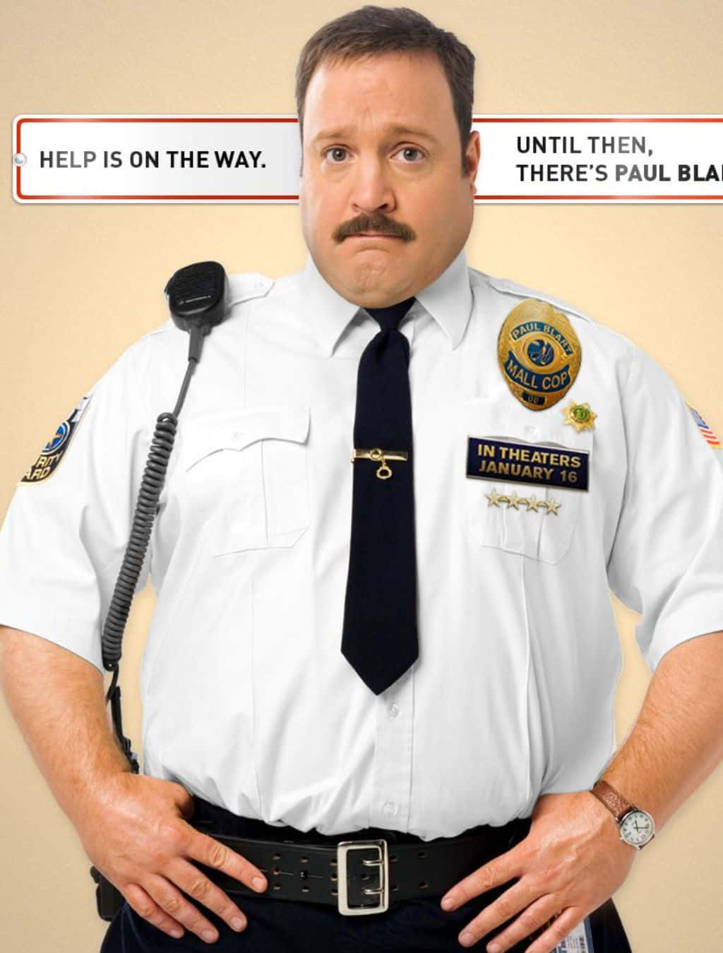 Kevin James 桌布 壁紙 — 一個穿著商場警察制服、留鬍子、戴耳機的男人，在米色背景和電影發行文字前顯得很嚴肅。