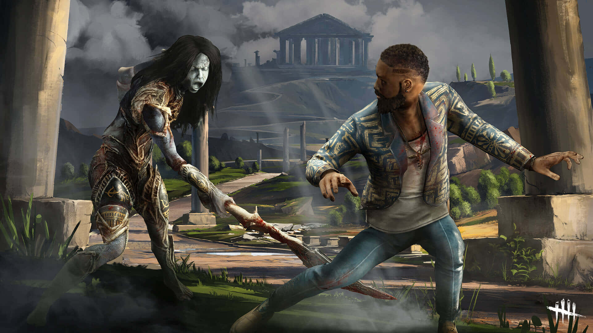 Dead By Daylight Killers 桌布 壁紙 — 一個穿著圖案外套的男人在暴風雨的天空下，在古遺跡中與一個蒼白的殭屍般的生物戰鬥。