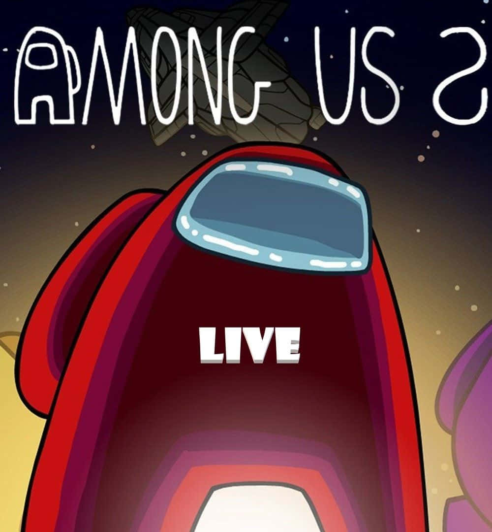 Among US Cool 桌布 壁紙 — 一個穿著太空衣的紅色Among Us船員，在星空宇宙背景下帶有「LIVE」文字。