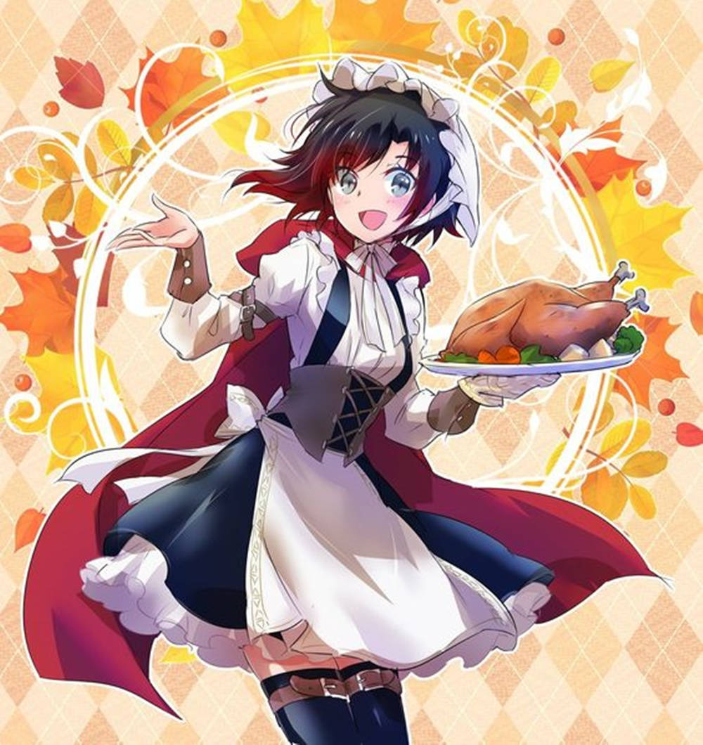 Thanksgiving Aesthetic 桌布 壁紙 — 一個穿著女僕裝的開朗動漫女孩自豪地展示一隻被秋葉包圍的烤火雞。