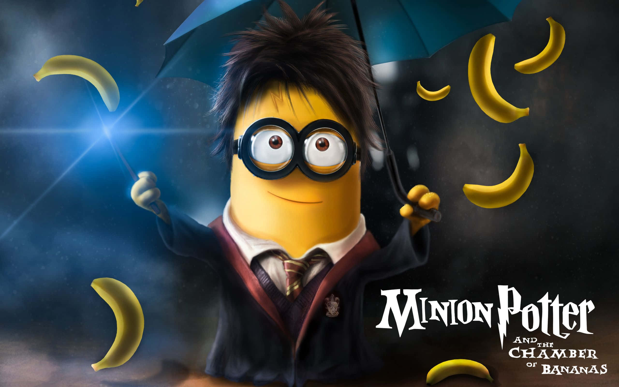 小黃人 桌布 壁紙 — 一個穿著巫師袍的Minion撐著雨傘，香蕉在他周圍飛舞，背景是黑暗的魔法場景。