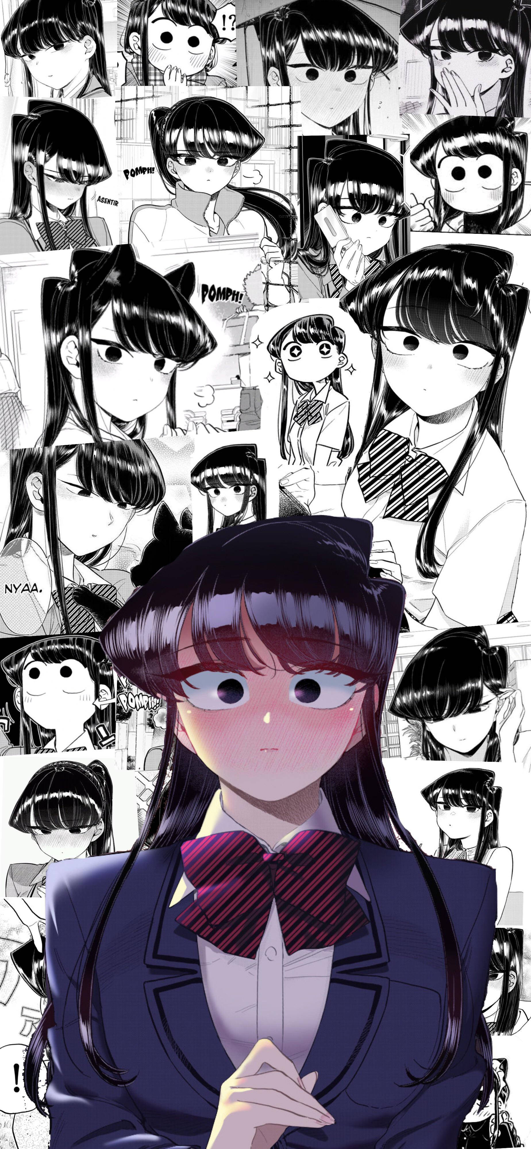 動漫女孩 桌布 壁紙 — 一個穿著帶有條紋蝴蝶結的校服的漫畫風格女孩站在畫面中央，周圍是展示她各種表情的漫畫面板。
