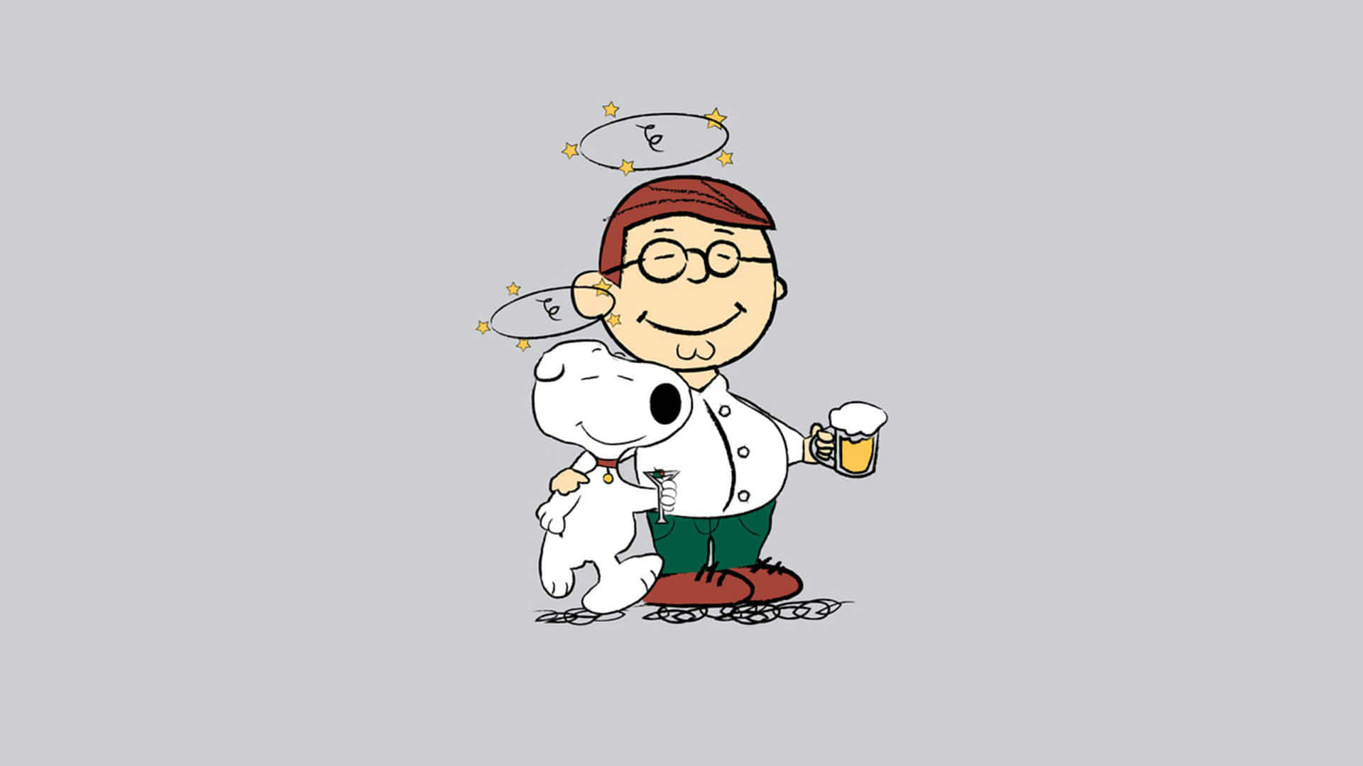 Family Guy 桌布 壁紙 — 一個穿著廚師外套的開心卡通男孩抱著一隻白狗，同時拿著一個啤酒杯，頭頂上有光環。